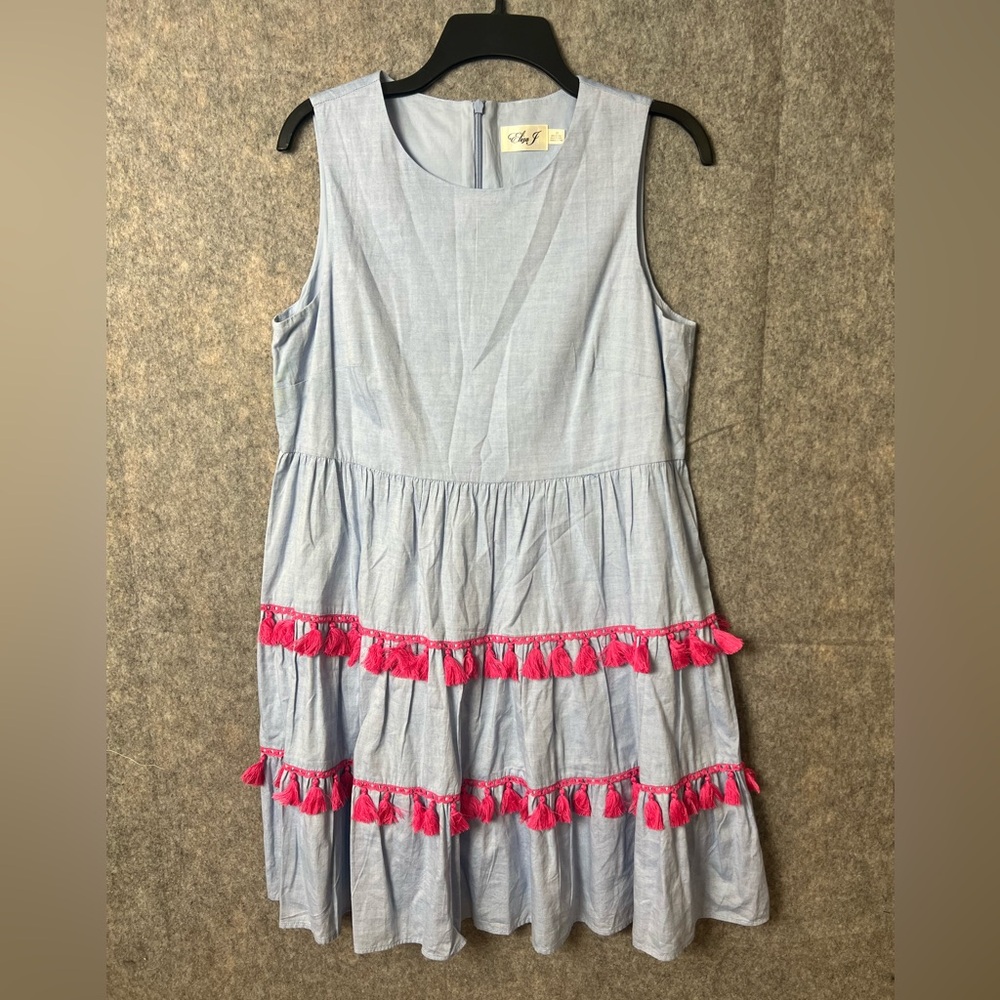 Eliza‎ J  Woman Size 12 sleeveless chambray Light Blue Dress with Pink Tassels